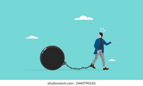 Businessman Chained to weight burden ball concept illustration, Debt burden, financial obligation or loan payment, solving mortgage or money loan problems, Debt burden risk from high interest rate