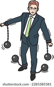 A businessman in chains and suffering.