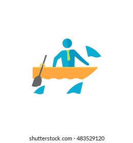 Businessman challenge icon in flat color style. Business metaphor man boat sea water shark fear