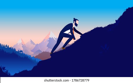 Businessman challenge - Man climbing slowly up challenging hill to get on top and reach success. Career struggle, business ambitions and never give up concept. Vector illustration.