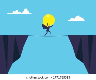 Businessman challenging carry a big light bulb over the cliff. Business leadership. Vector design
