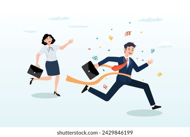 Businessman champion winner race finish line, finish line winner, business competition success victory, race goal or achievement, fast speed or strength leader, motivation to win opportunity (Vector)