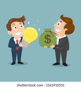 Businessman to change the creative lightbulb idea to money, illustrator vector cartoon drawing