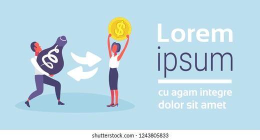 businessman change new idea to money businesswoman business plan concept cartoon character flat horizontal copy space