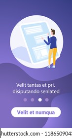 businessman change online application interface infographic template tablet screen chat app design concept male cartoon character rear view full length vertical copy space flat vector illustration
