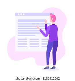 businessman change online application interface infographic template screen website design concept business man creative working process male cartoon character rear view full length flat vector