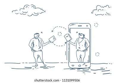 Businessman Change Paper Files Mobile App Business Plan Concept On White Background Sketch Doodle Vector Illustration