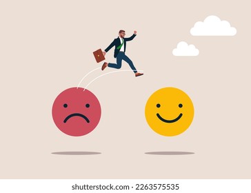 Businessman change their attitude from negative to positive emojis. Business concept. Modern vector illustration in flat style