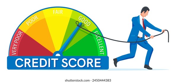 Businessman Changing Personal Credit Information. Man Pushing Arrow to Make Credit History Better. Man Improves his Creditworthiness, Credit Score, Approval Solvency. Flat Vector Illustration