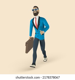 Businessman character in 3D cartoon stile. Man with sunglasses in blue suit. Bearded guy, gesturing. Vector illustration.