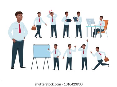 Businessman character. Afro-american office professional worker man, success person in business activity. Cartoon employee vector set