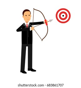 Businessman character aiming target with bow and arrow, business challenge and success vector Illustration