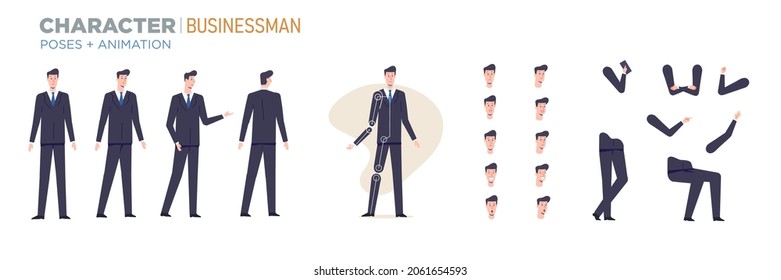 personaje de negocios para la animación. Creación con diversas visiones, frente a emociones, poses y gestos.