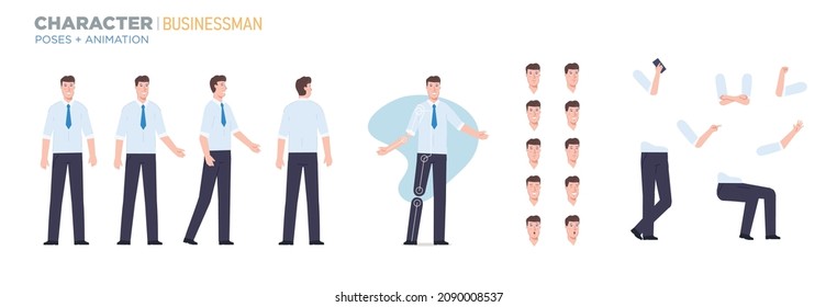 businessman character for animation. Creation set with various views, face emotions, poses and gestures.