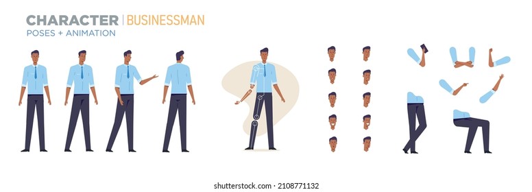 businessman character for animation. Creation set with various views, face emotions, poses and gestures.