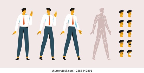 Businessman character for animation. Creation set with various views, face emotions, poses and gestures.