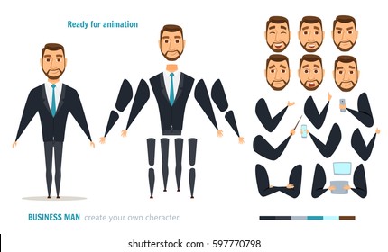 Businessman character animation and creation set. Man with phone, tablet, pointer. Parts of body for design you scene. Faces, emotions, clothes. Moving arms, legs. Cartoon boss or manager constructor