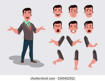 Businessman character for animation or motion with different facial emotions and hands. Character model sheet for your design, animation, motion or something else.