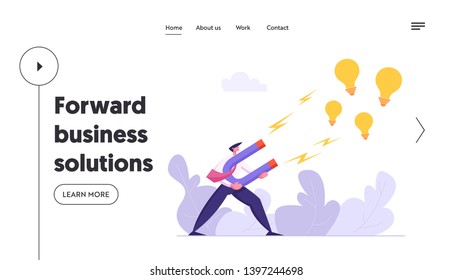 Businessman Character Attracting Creative Idea Landing Page. Light Bulb Symbol with Big Magnet. Business Vision with Successful Man and New Ideas Website Banner. Vector flat cartoon illustration