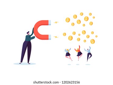 Businessman Character Attracting Money with Big Magnet. Making Money, Earnings, Investment Financial Concept. Vector illustration