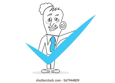 Businessman Character - Big Blue Check mark. A character designed to explain business topics such as finance.