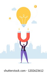 Businessman Character with Big Magnet Attracting New Idea Light Bulb. Business Innovation Concept. Vector illustration
