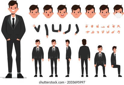 Businessman character in black suit constructor for different poses. Set of various men's faces. Illustration vector isolated on white background.