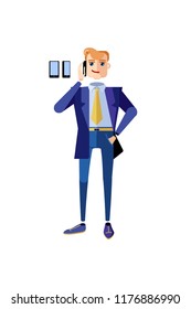 Businessman character in a blue office suite standing talking on the phone. Male character in a suit and a tie with a telephone in hands. Mascot for a business. Avatar for an office worker