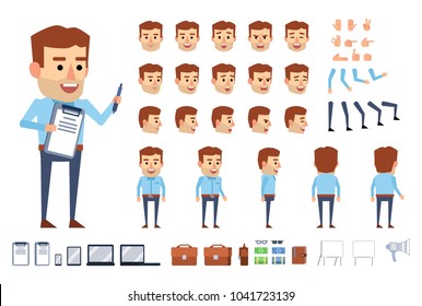 Businessman character in blue shirt creation kit. Creat your own pose, action, animation. Diverse poses, gestures, emotions, design elements. Flat style vector illustration
