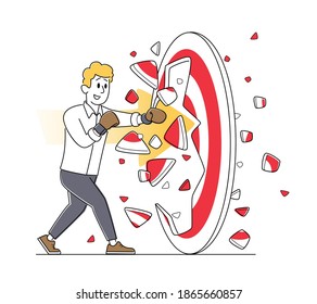 Businessman Character in Boxing Gloves Break Huge Target, Business Aim Mission, Challenge, Task Solution, Business Man Winner Goal Achievement, Fight with Problems Concept. Linear Vector Illustration