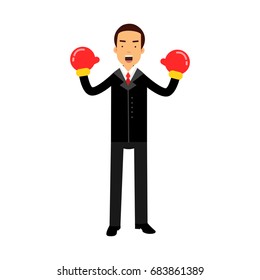 Businessman character in boxing gloves celebrating his win vector Illustration