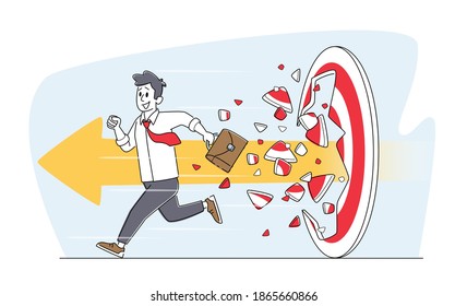 Businessman Character With Briefcase Break Through Huge Target With Arrow, Business Aim Mission, Challenge, Task Solution, Business Man Winner Goals Achievement Concept. Linear Vector Illustration