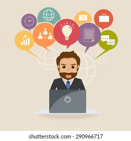 businessman character with bubble speech icon infographic at office work
