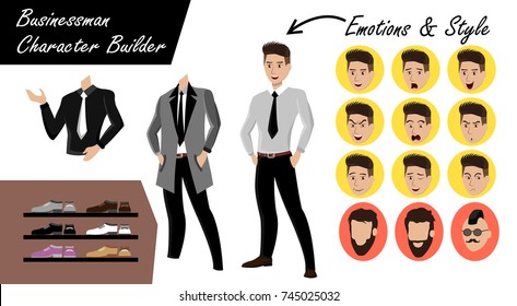 Businessman character builder - set of emotional faces, haircuts, shoes and clothes for flat male character.