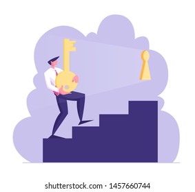 Businessman Character Carry Heavy Huge Gold Key Upstairs Try to Unlock Keyhole. Leadership, Career Growth, Business Task Solution, Motivation, Solving Problem Concept. Cartoon Flat Vector Illustration