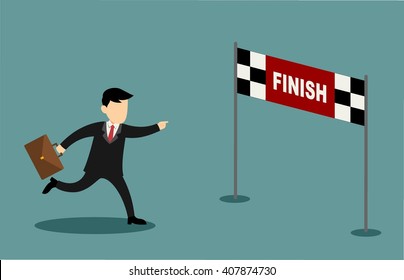 Businessman character and cartoon running into finish line achieving accomplishment