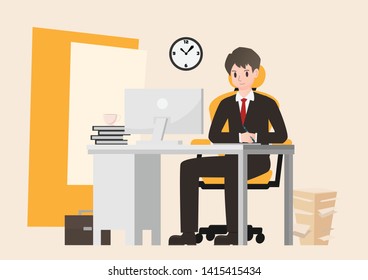 Businessman character cartoon vector design, leader take a seat on office desk with soft background , computer and document on table with planner in strategy concept,illustration for business article.