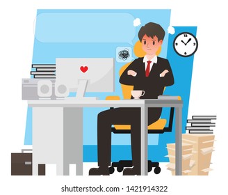 Businessman character cartoon vector design,officeman take a seat on office desk with computer and white background , personnel and document in moody mood with angry emotion.