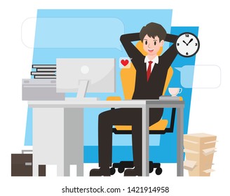 Businessman character cartoon vector design,officeman take a seat on office desk with computer and white background , personnel and document in love mood with happy emotion.