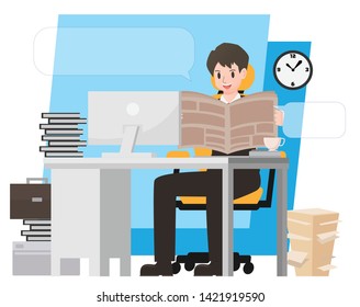 Businessman character cartoon vector design,officeman take a seat on office desk with computer and white background with copy space for text, personnel reading newspaper and funny mood.