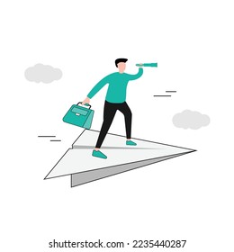 Businessman character with case bag and looks through spyglass flying on paper airplane. Vector illustration