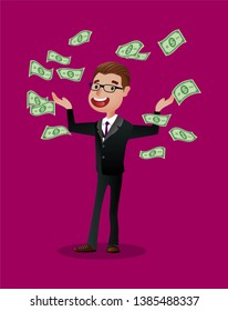 Businessman character celebrates success, standing under money rain banknote