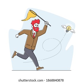 Personaje de negocios persiguiendo a la bombilla voladora tratando de atrapar la red de mariposa. Empresario Buscando Inspiración, Idea Creativa, Éxito Financiero, Riqueza Oportunista. Ilustración de vectores lineales