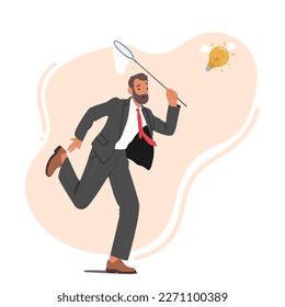 Businessman Character Chasing Flying Light Bulb Trying to Catch with Butterfly Net Isolated on White Background. Business Man Searching Inspiration, Creative Idea, Success. Cartoon Vector Illustration