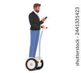 Businessman Character, Clad In A Tailored Suit, Smoothly Glides On A Segway, His Focus Split Between Navigating And A Deep Conversation On His Smartphone. Cartoon People Vector Illustration