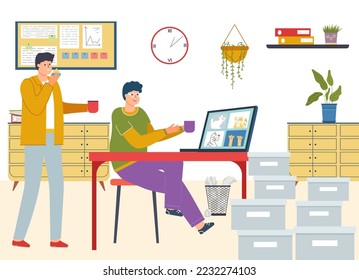 Businessman character clerk sitting office workplace, people working time procrastination and watch funny video flat vector illustration.