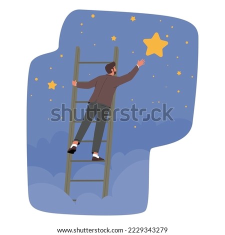 Businessman Character Climb Ladder Take a Star from Sky, Person to Achieve Goal or Dream. Man Ascend by Stairs to Success, Leadership, Achievement Concept. Cartoon People Vector Illustration