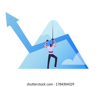 Businessman Character Climbing Up on Peak of Mountain by Rope with Growing Arrow Chart, Business Man Aiming to Take New Career Height. Leadership Success, Goal Achievement. Cartoon Vector Illustration