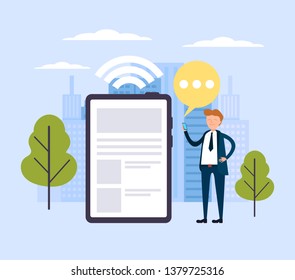 Businessman character communication with friends by smartphone internet online. Vector flat graphic design illustration