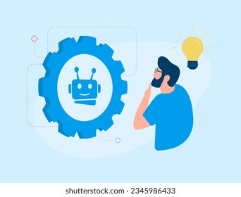 Businessman character considers AI trends, contemplating artificial intelligent bot creation for various business needs. Exploring AI Content Generation, Social Media Automation, SEO articles, Support